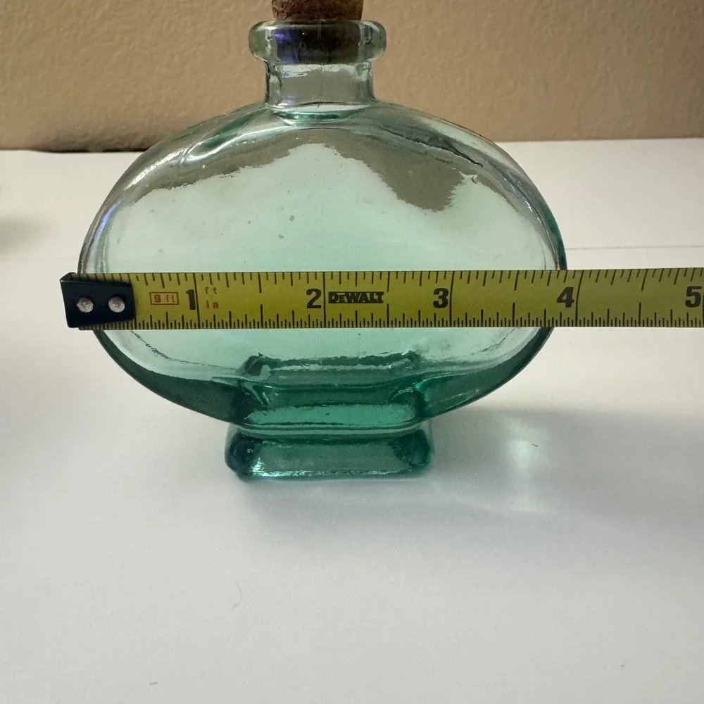 Vintage Aqua Green Glass Oval Decorative Bottle with Cork Stopper 4.5 Inch